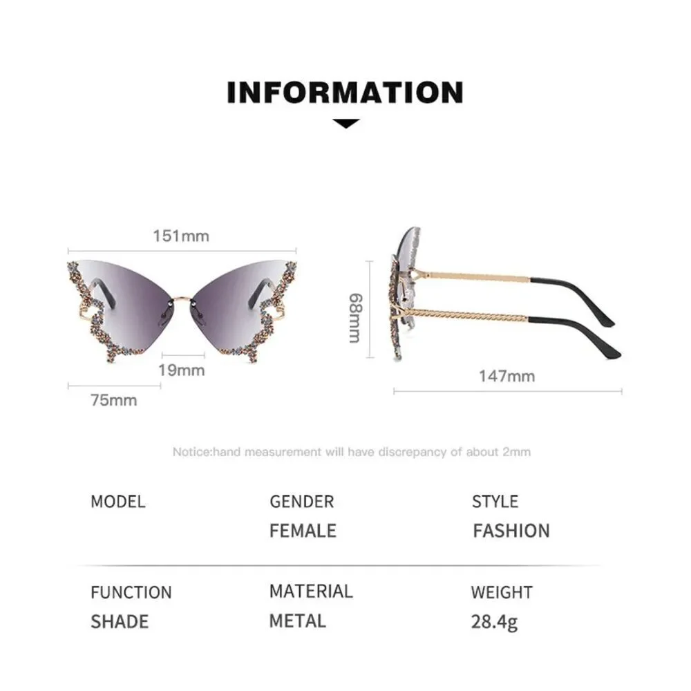 🦋✨ Rhinestone Diamond Butterfly Rimless Y2K Shades Sunglasses NEW